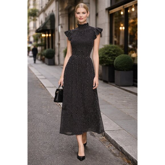 Kate Spade Clip Dot Midi Dress Black White High Neck Ruffle A-Line Silk Blend 6 - Picture 12 of 15